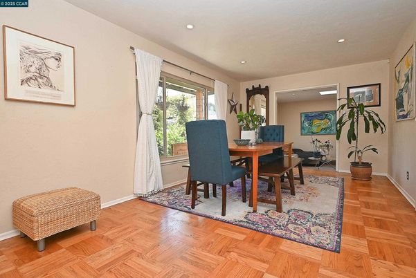 Dining room, Interior, Recessed Lighting, Wood Texture Flooring