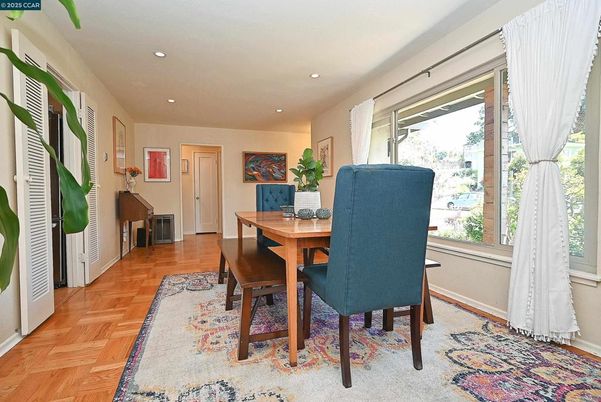 Dining room, Interior, Recessed Lighting, Wood Texture Flooring