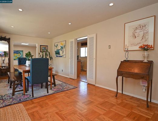 Dining room, Interior, Recessed Lighting, Wood Texture Flooring