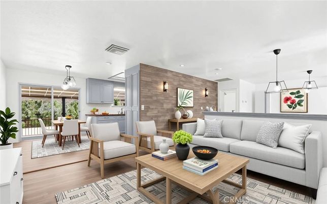 Dining room, Interior, Kitchen, Living room, Pendant Lights, Recessed Lighting, Stone Walls, Wood Texture Flooring