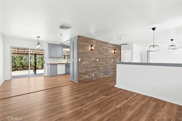 Empty room, Interior, Kitchen, Pendant Lights, Stone Walls, Wood Texture Flooring