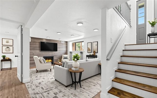 Fireplace, Interior, Living room, Recessed Lighting, Wood Texture Flooring