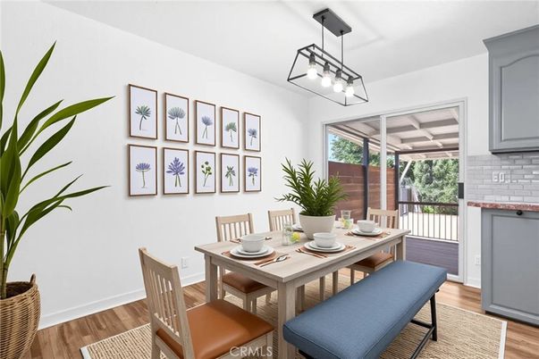 Dining room, Interior, Pendant Lights, Wood Texture Flooring