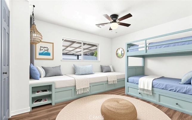 Bedroom, Interior, Pendant Lights, Wood Texture Flooring