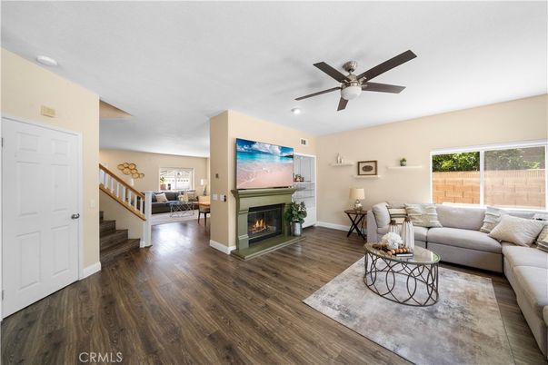 Fireplace, Interior, Living room, Recessed Lighting, Wood Texture Flooring