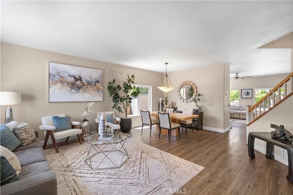 Dining room, Interior, Living room, Pendant Lights, Wood Texture Flooring