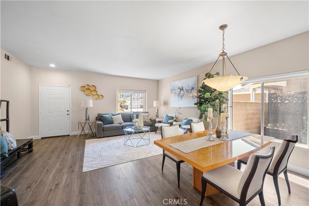Dining room, Interior, Living room, Pendant Lights, Recessed Lighting, Wood Texture Flooring