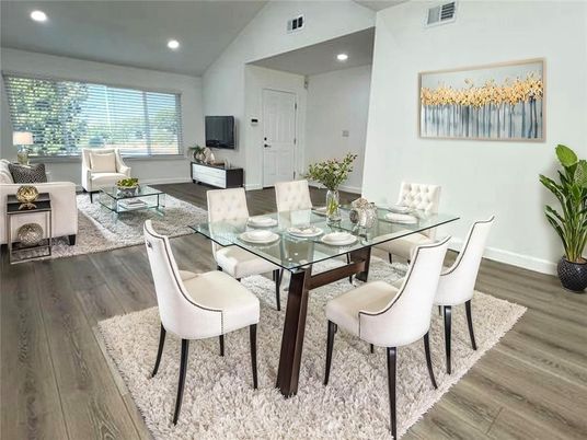 Dining room, Interior, Living room, Recessed Lighting, Wood Texture Flooring