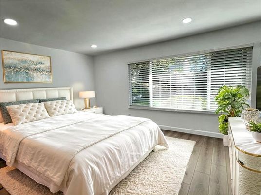 Bedroom, Interior, Recessed Lighting, Wood Texture Flooring