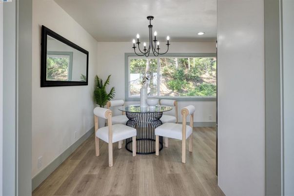 Chandelier, Dining room, Interior, Recessed Lighting, Wood Texture Flooring