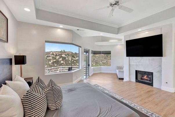 Bedroom, Fireplace, Interior, Recessed Lighting, Wood Texture Flooring