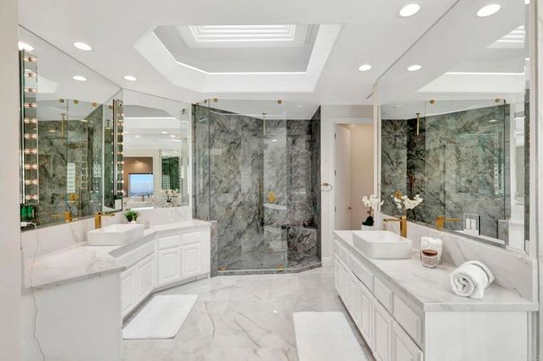 Bathroom, Dual Sink Vanities, Free Standing Baths, Glass Shower, Interior, Marble, Marble Walls, Recessed Lighting