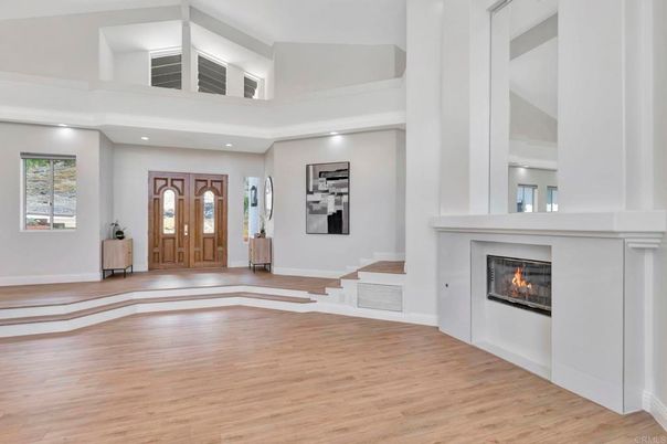 Fireplace, Interior, Recessed Lighting, Wood Texture Flooring