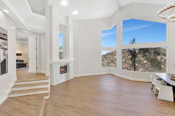 Dining room, Fireplace, Interior, Pendant Lights, Recessed Lighting, Wood Texture Flooring