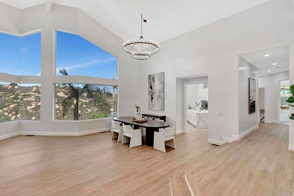 Chandelier, Dining room, Interior, Pendant Lights, Recessed Lighting, Wood Texture Flooring