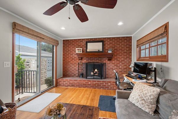 Fireplace, Home Office, Interior, Recessed Lighting, Stone Walls, Wood Texture Flooring