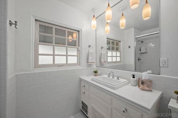 Bathroom, Glass Shower, Interior, Pendant Lights, Tile Countertops