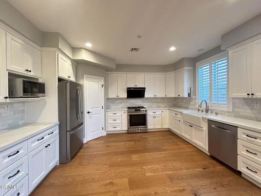 Interior, Kitchen, Recessed Lighting, Stainless Steel Appliances, Wood Texture Flooring