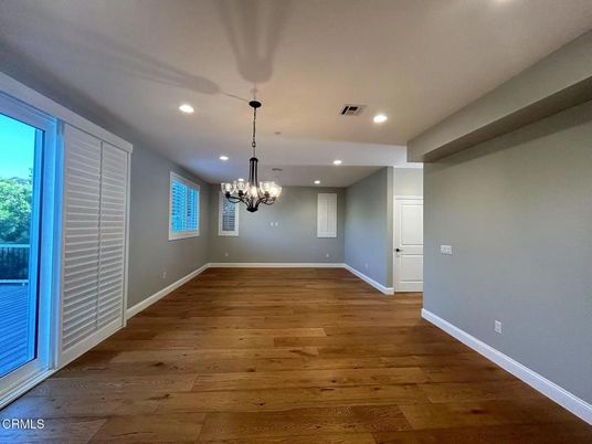 Chandelier, Empty room, Interior, Recessed Lighting, Wood Texture Flooring