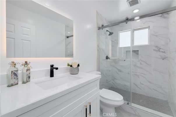 Bathroom, Glass Shower, Interior, Marble Walls, Recessed Lighting