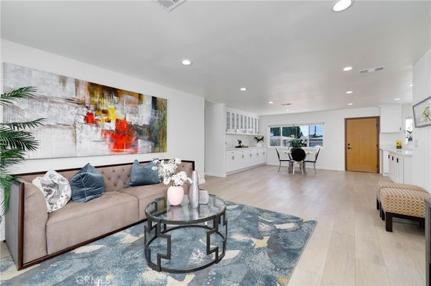 Dining room, Interior, Living room, Recessed Lighting, Wood Texture Flooring