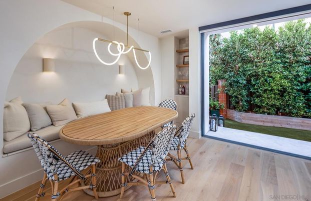 Dining room, Interior, Pendant Lights, Wood Texture Flooring