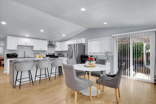 Dining room, Interior, Kitchen, Recessed Lighting, Stainless Steel Appliances, Wood Texture Flooring