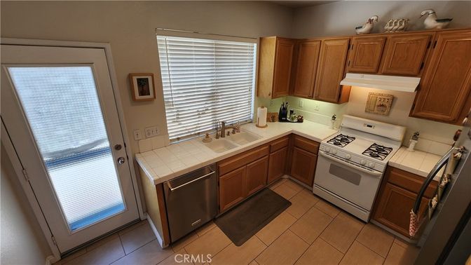Interior, Kitchen, Tile Countertops, Wood Texture Flooring
