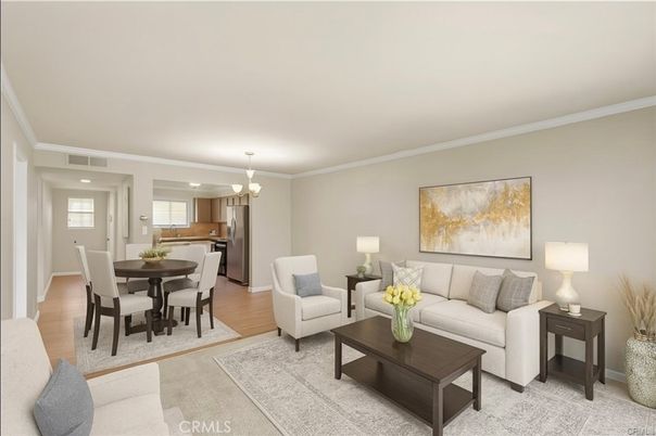 Dining room, Interior, Kitchen, Living room, Pendant Lights, Stainless Steel Appliances, Wood Texture Flooring