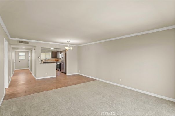 Chandelier, Empty room, Interior, Kitchen, Stainless Steel Appliances, Wood Texture Flooring