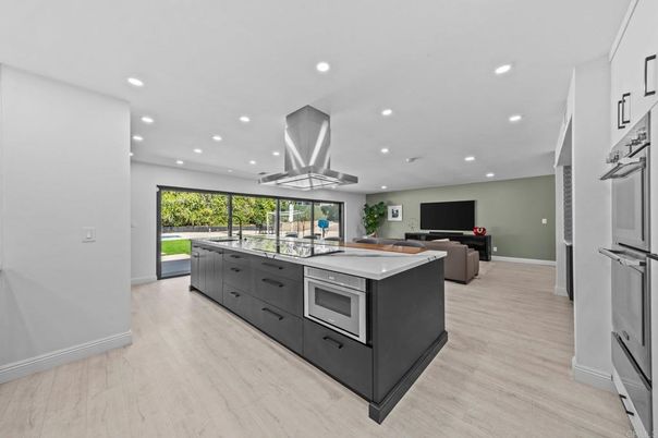Interior, Kitchen, Living room, Recessed Lighting, Stainless Steel Appliances, Wood Texture Flooring