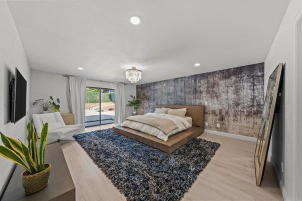 Bedroom, Chandelier, Interior, Recessed Lighting, Wood Texture Flooring