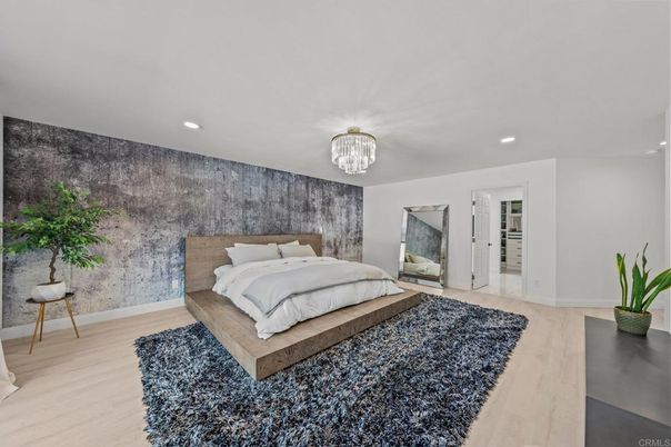 Bedroom, Chandelier, Interior, Recessed Lighting, Wood Texture Flooring