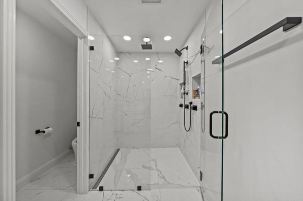 Bathroom, Glass Shower, Interior, Marble, Marble Walls, Recessed Lighting