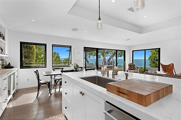 Dining room, Interior, Kitchen, Pendant Lights, Recessed Lighting, Water, Wood Texture Flooring