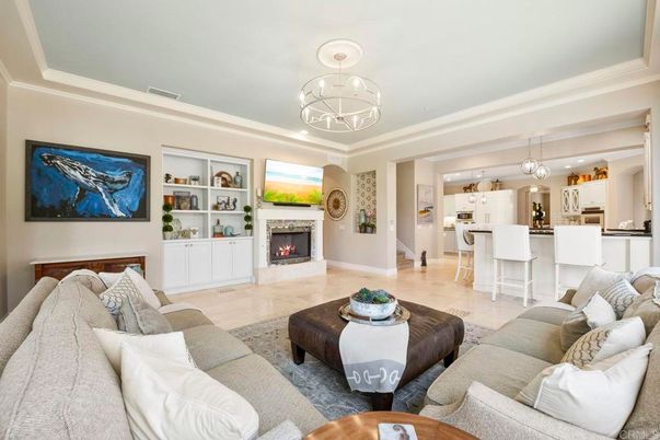 Fireplace, Interior, Kitchen, Living room, Pendant Lights