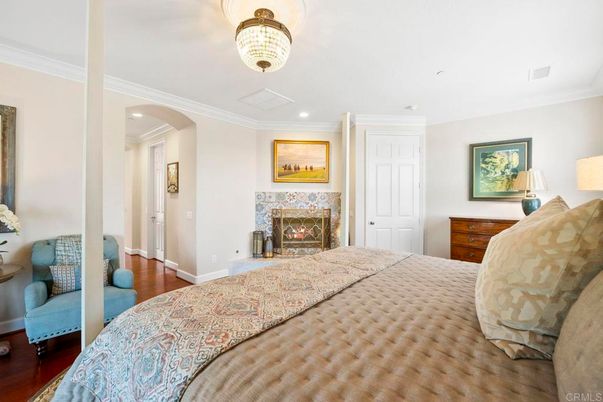 Bedroom, Fireplace, Interior, Recessed Lighting, Wood Texture Flooring