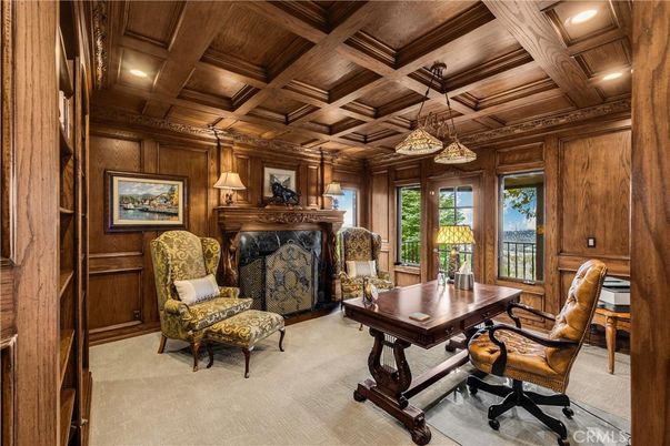 Fireplace, Home Office, Interior, Recessed Lighting, Wooden Beams, Wooden Ceilings, Wooden Walls