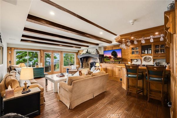 Fireplace, Interior, Living room, Recessed Lighting, Wooden Beams, Wood Texture Flooring