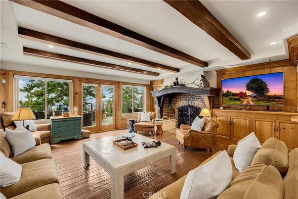 Fireplace, Interior, Living room, Recessed Lighting, Wooden Beams, Wood Texture Flooring