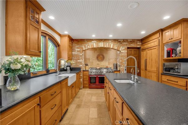 Interior, Kitchen, Recessed Lighting, Stainless Steel Appliances, Stone Walls