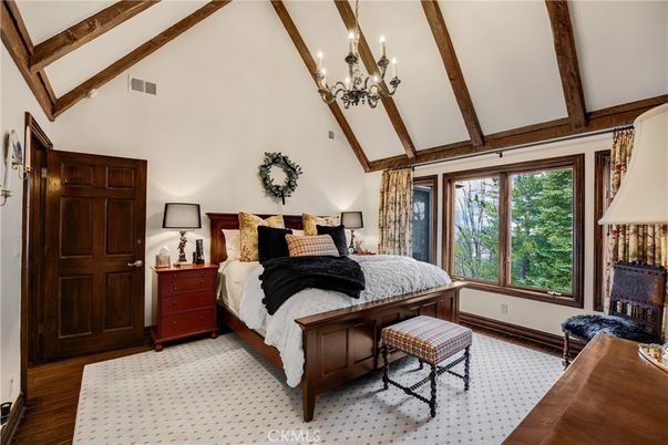 Bedroom, Chandelier, Interior, Wooden Beams, Wood Texture Flooring