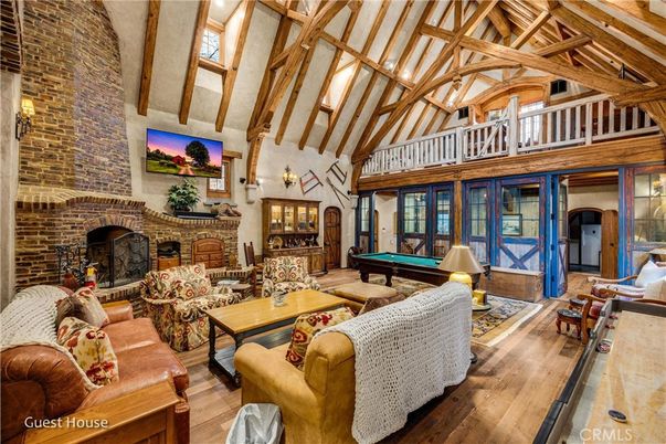 Billiard Table, Fireplace, Game Room, Interior, Living room, Stone Walls, Wooden Beams, Wood Texture Flooring