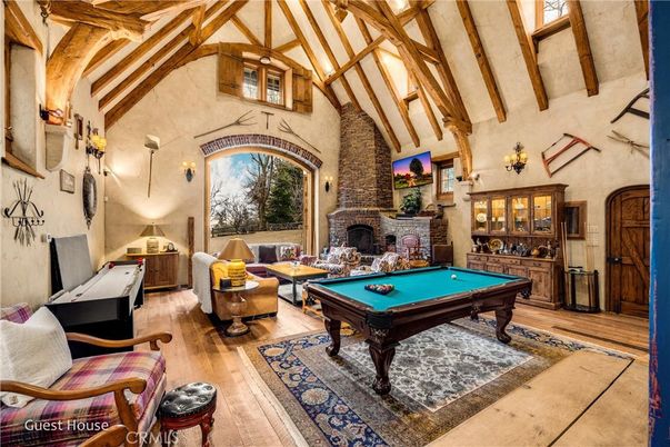 Billiard Table, Fireplace, Game Room, Interior, Wooden Beams, Wood Texture Flooring