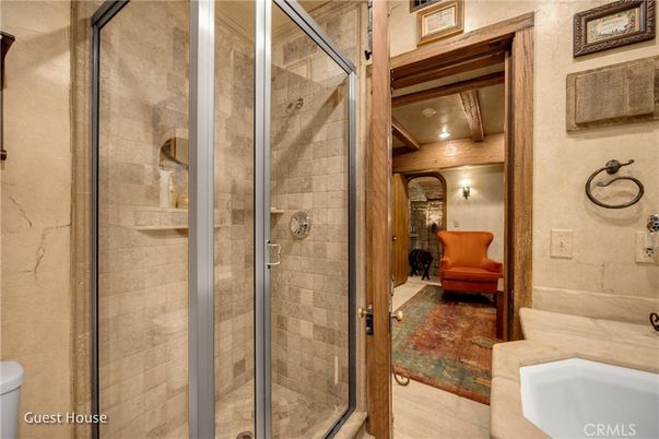 Bathroom, Glass Shower, Interior, Recessed Lighting, Stone Walls