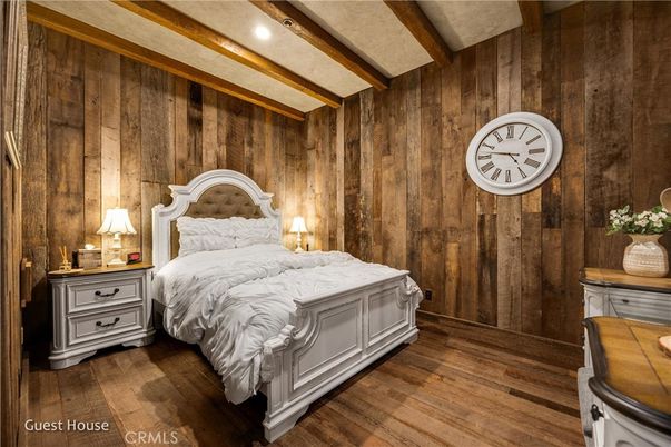 Bedroom, Interior, Recessed Lighting, Wooden Beams, Wood Texture Flooring, Wooden Walls