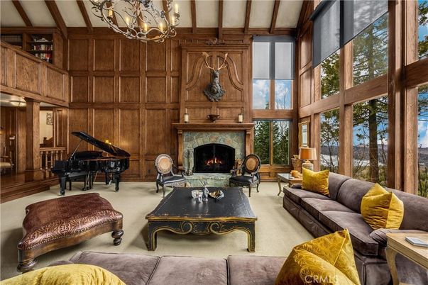 Chandelier, Fireplace, Interior, Living room, Piano, Wooden Walls