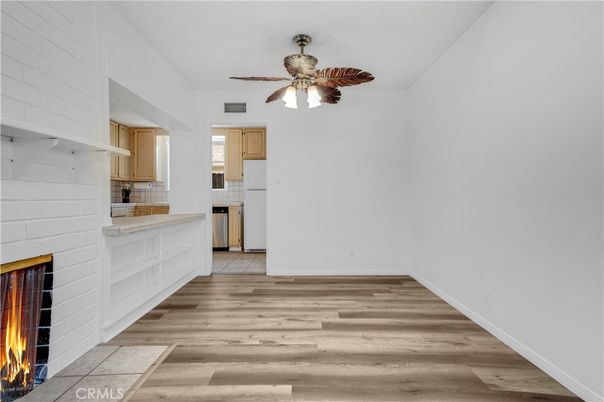 Empty room, Fireplace, Interior, Kitchen, Wood Texture Flooring