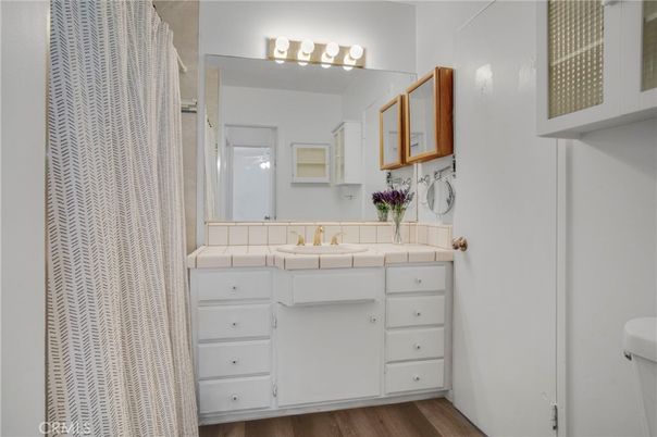 Bathroom, Interior, Tile Countertops, Wood Texture Flooring