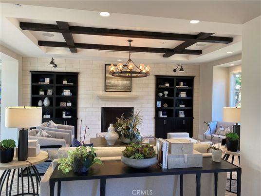 Chandelier, Fireplace, Interior, Living room, Recessed Lighting, Stone Walls